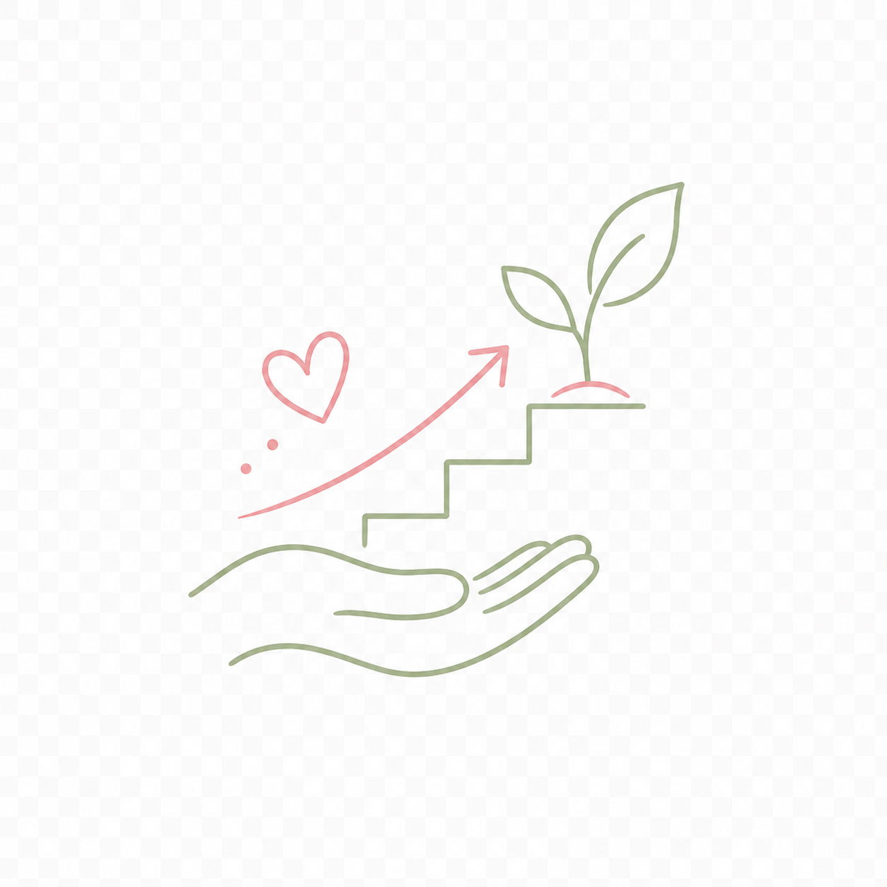 Minimalistisches Line-Art-Icon mit Hand, Stufen und wachsendem Keimling als Symbol für Entwicklung, kleine Fortschritte und neues Vertrauen.