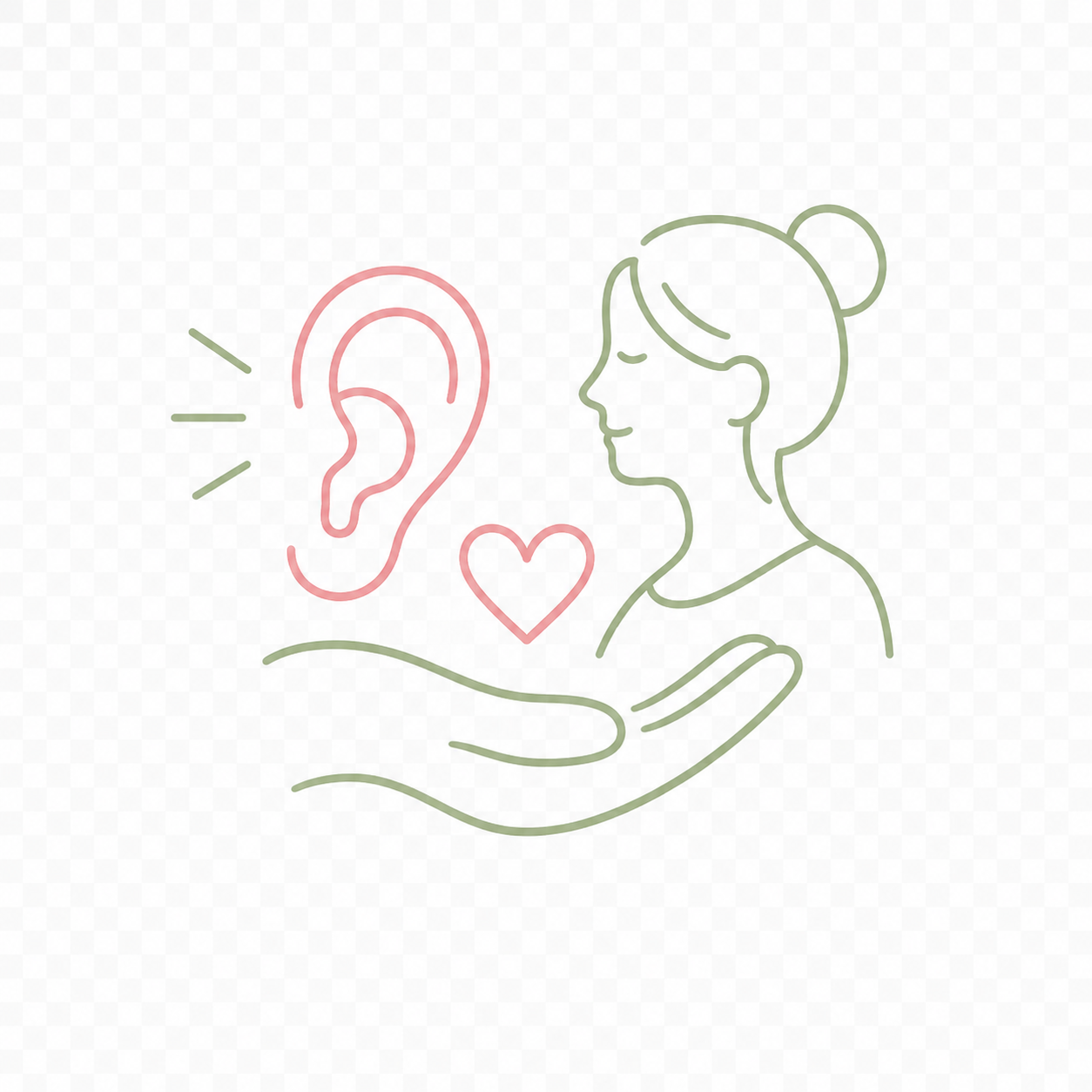 Minimalistisches Line-Art-Icon mit Ohr, Herz, Hand und Person als Symbol für Empathie, Zuhören und den Menschen hinter der Diagnose.
