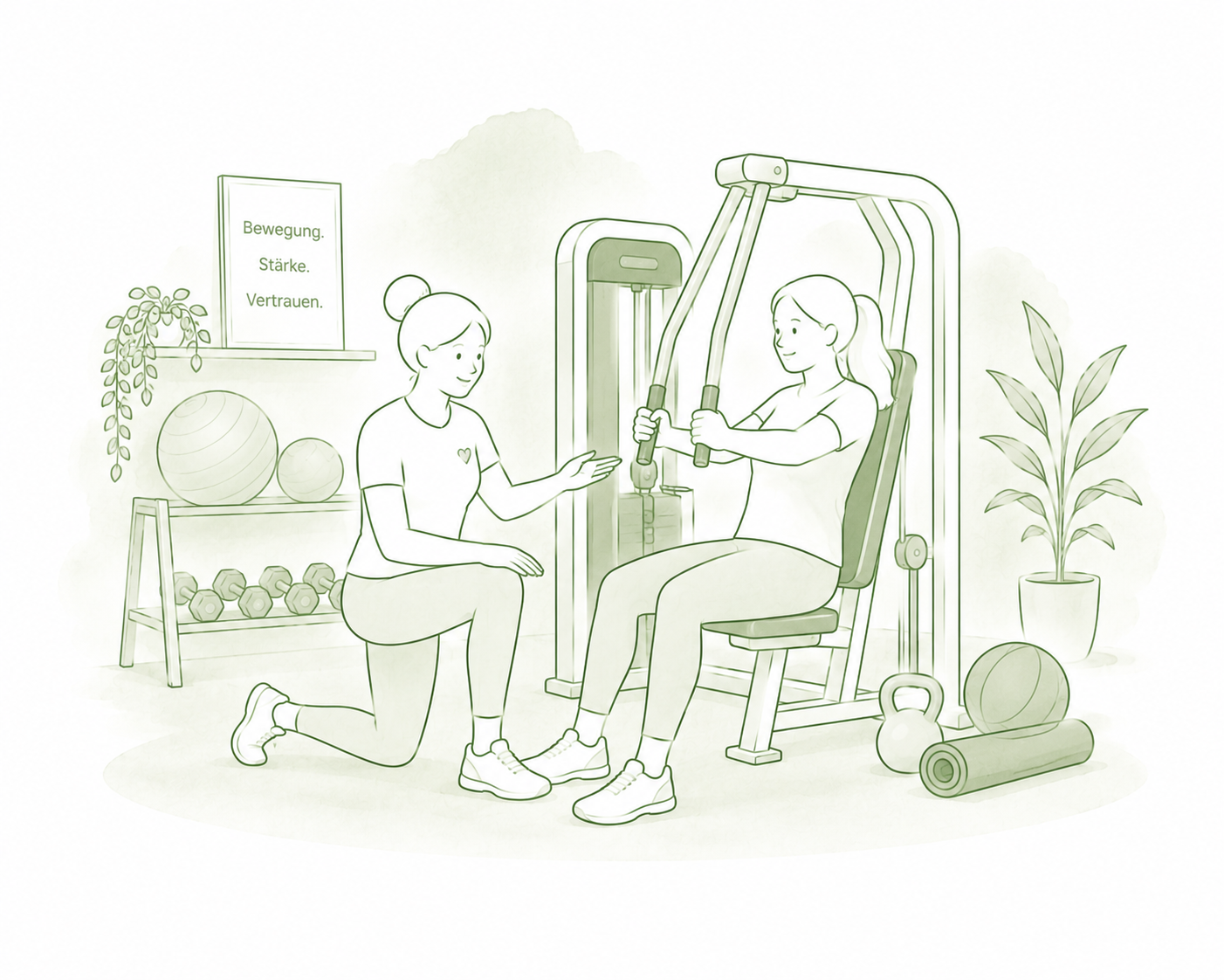 Illustration einer OnkoSport-Expertin, die eine Kundin an einem Trainingsgerät betreut und eine individuelle Bewegungsanalyse durchführt.