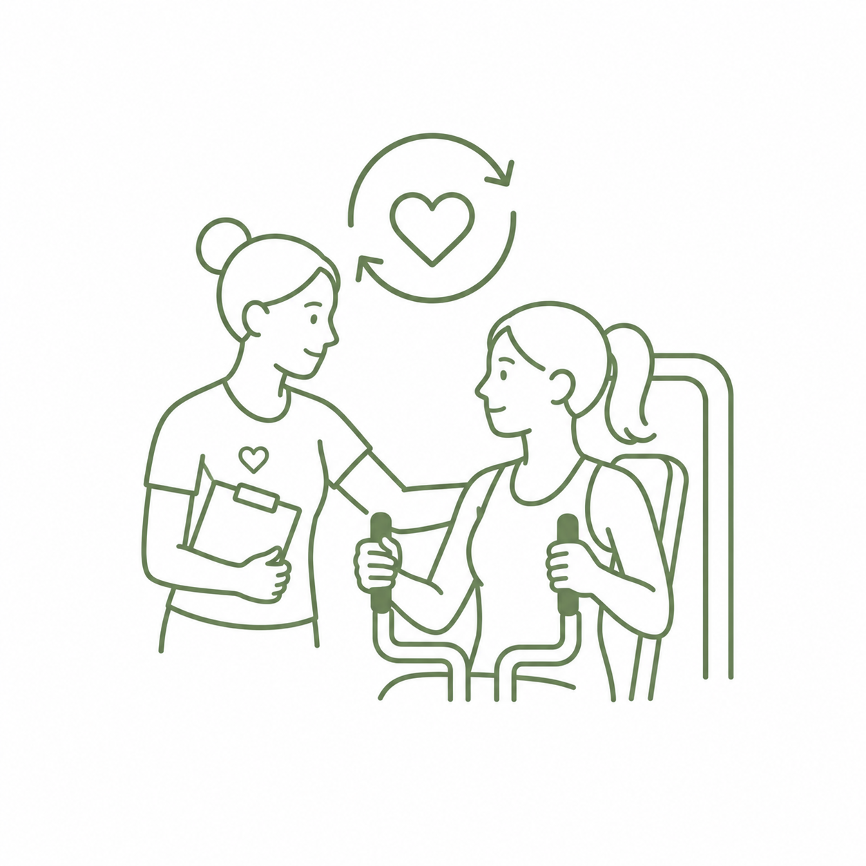 Line-Art-Icon einer Trainerin, die eine Kundin beim Training begleitet und regelmäßig unterstützt.