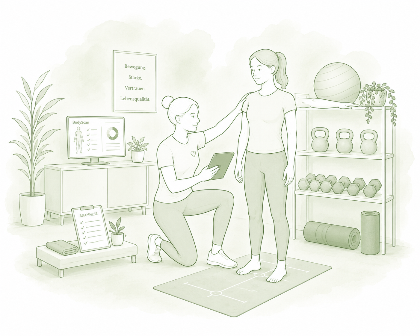 Illustration einer OnkoSport-Expertin bei einer individuellen Bewegungsanalyse und Anamnese einer Kundin vor Beginn des Trainings.
