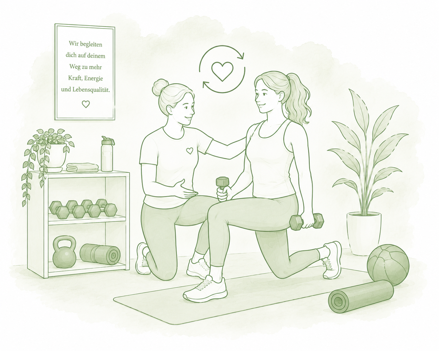 Illustration einer OnkoSport-Expertin, die eine Kundin während des Trainings begleitet und individuell unterstützt.