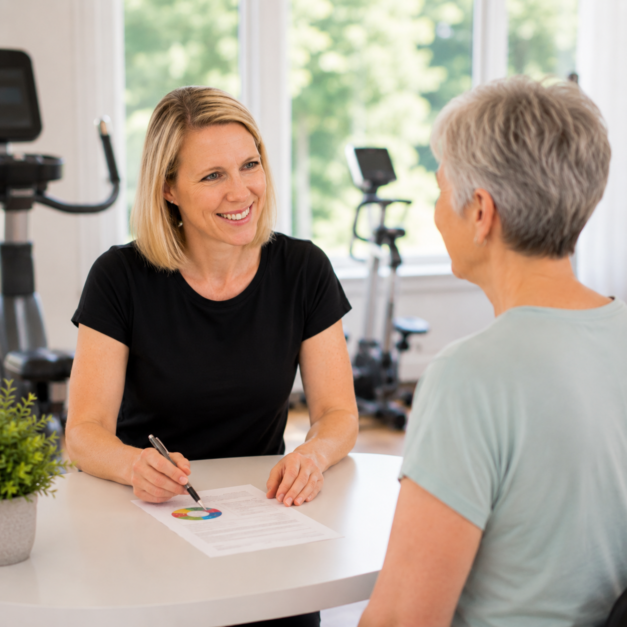 Steffi Rogge im Beratungsgespräch mit einer Brustkrebspatientin zum individuellen Onko-Trainingsprogramm.